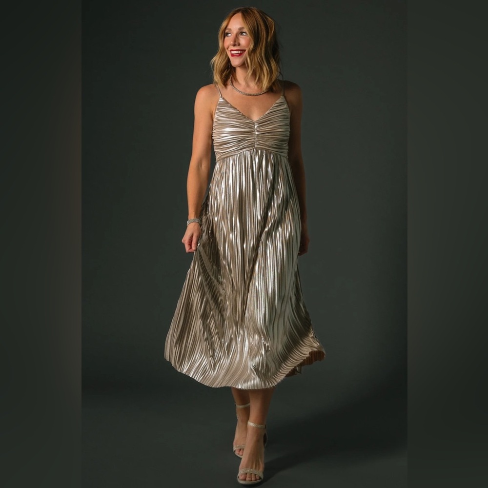 Baltic Born Metallic Gold Pleated Midi Dress